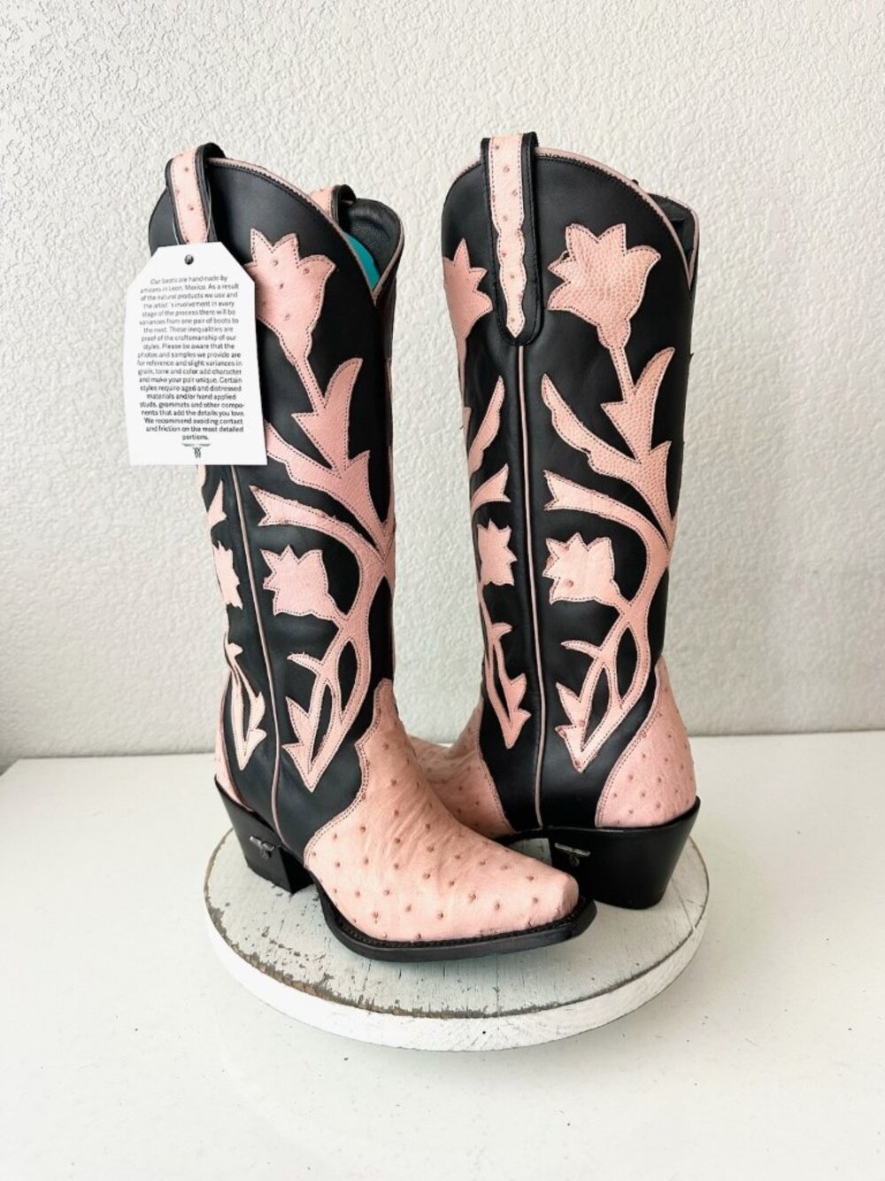 Lane Jolene Pink Ostrich Black Cowboy Boots Western Cowgirl Snip Toe Mid Calf 6